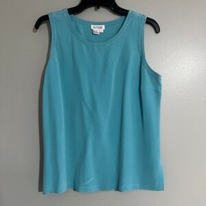 DUE PER DUE aqua Silk Sleeveless Embroidered Trim Shell Top 10 Minimalist blouse